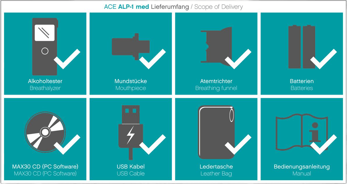 ACE ALP-1 med Alkoholtester mit medizinischer Zulassung + 25 Mundstücke & Kalibriergutschein
