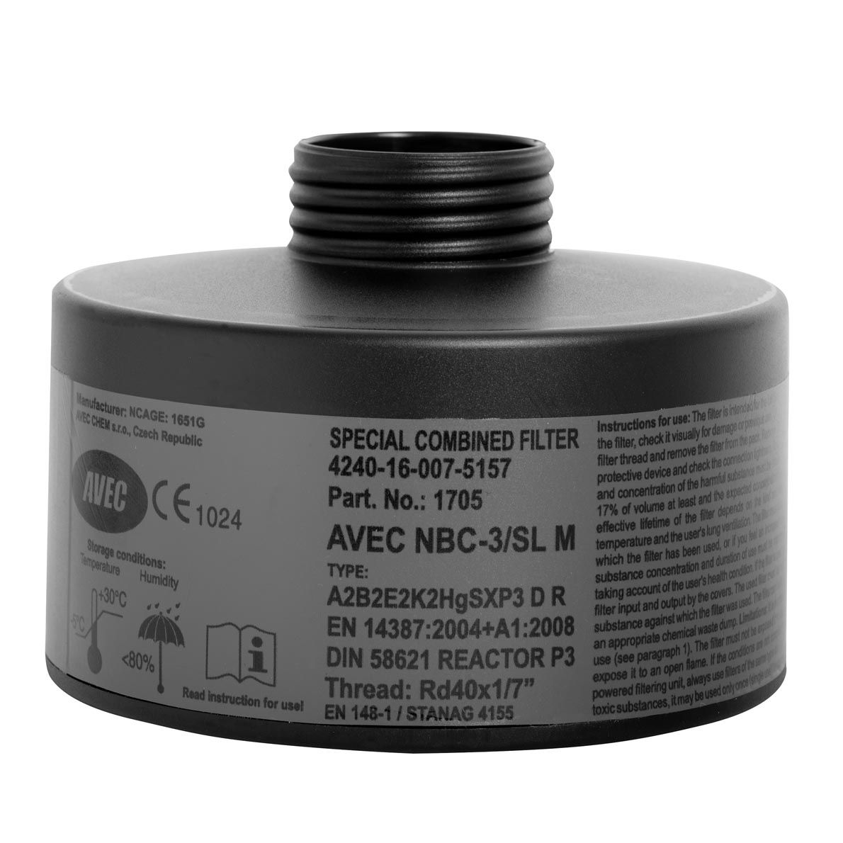 AVEC CHEM - NBC Katastrophenschutz Filter - gegen nukleare, biologische und chemische Kampfstoffe - mit Rd40-Anschluss (Bild 1)