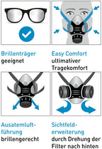 EKASTU Atemschutz-Set Profil - mit Halbmaske, zwei A2P3-Filtern, Vollsicht-Schutzbrille & zwei Paar Ohrstöpsel (Bild 3)