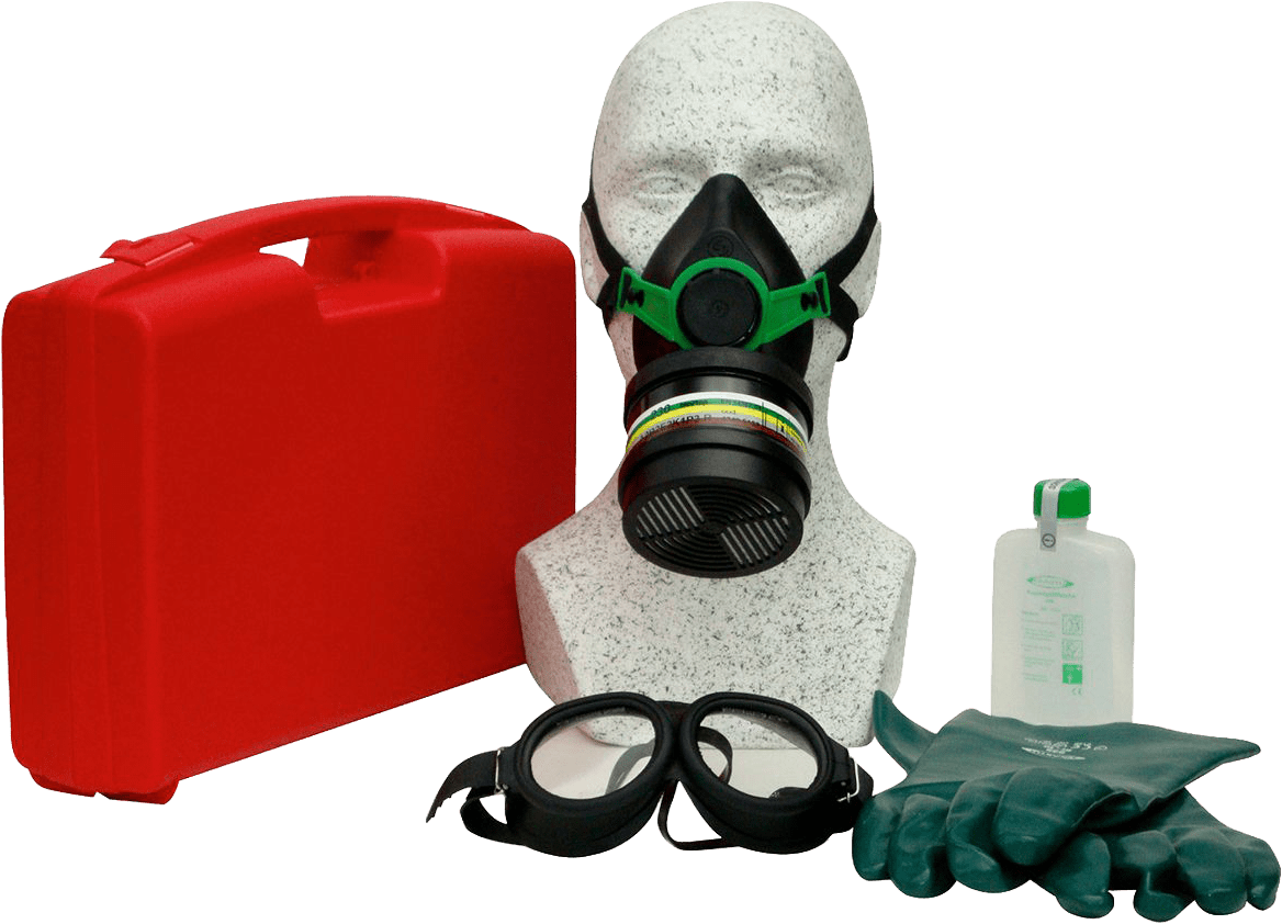 EKASTU Atemschutz-Set - ADR-RID-Set Kombi-Plus - MIT Halbmaske - A2B2E2K1P3-Filter - Schutzbrille - Chemikalien-Schutzhandschuhe und Augenspülung (Bild 1)