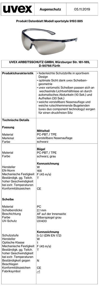 uvex sportstyle 9193 Schutzbrille - kratz- & beschlagfeste sowie selbsttönende & entspiegelnde Modelle - EN 166-170-172 Schwarz-Grau-Silberspiegel (Bild 2)