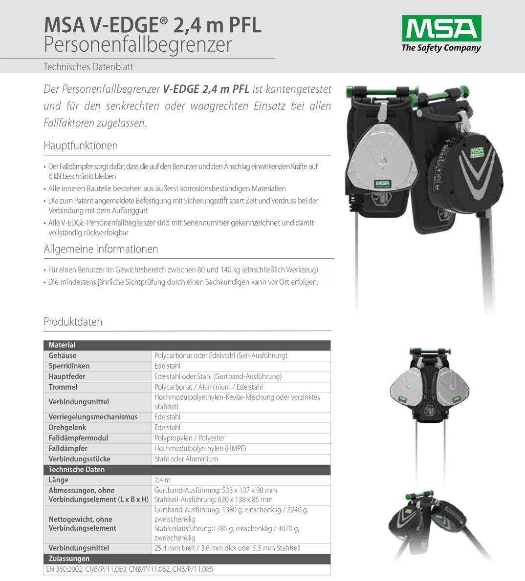 MSA V-Edge Personenfallbegrenzer - EN 360 - Verbindungsmittel mit Gurtband, 2,4 m Länge Einsträngig (Bild 5)
