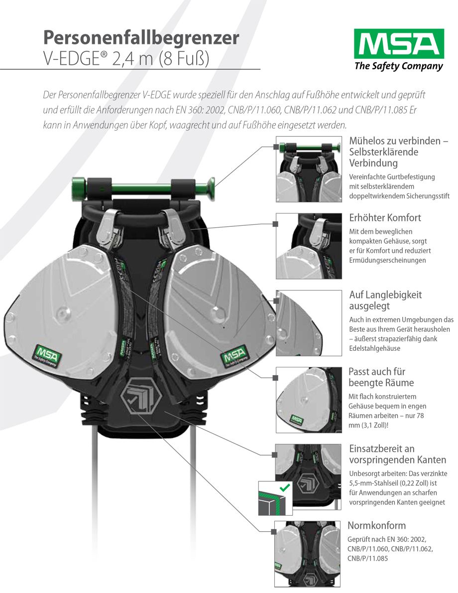 MSA V-Edge Personenfallbegrenzer - EN 360 - verzinktes Stahlseil, Länge 2,4 m Zweisträngig (Bild 2)