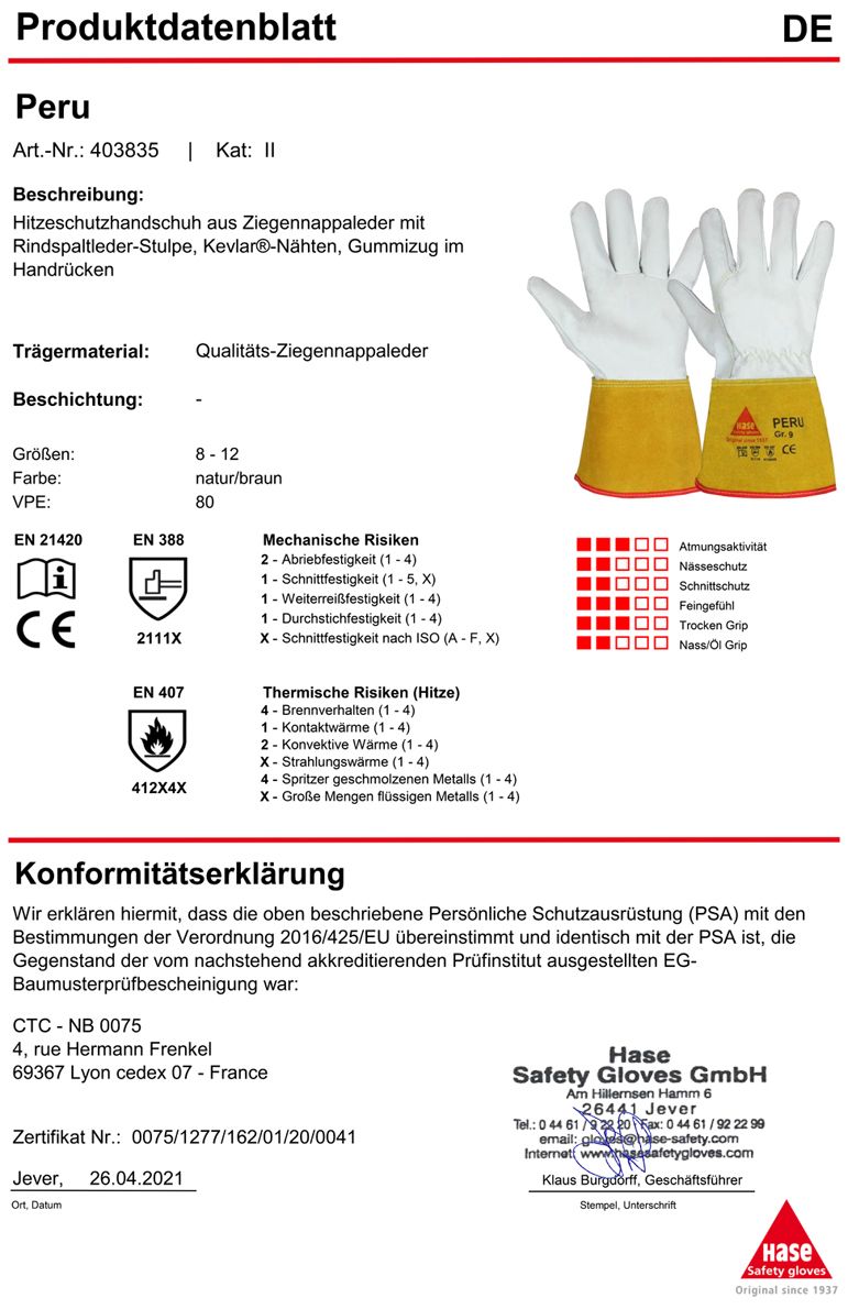 Hase Peru Schweißer-Handschuhe - EN 388-407-420 - Weiß-Braun - Gr. 08-M (Bild 5)
