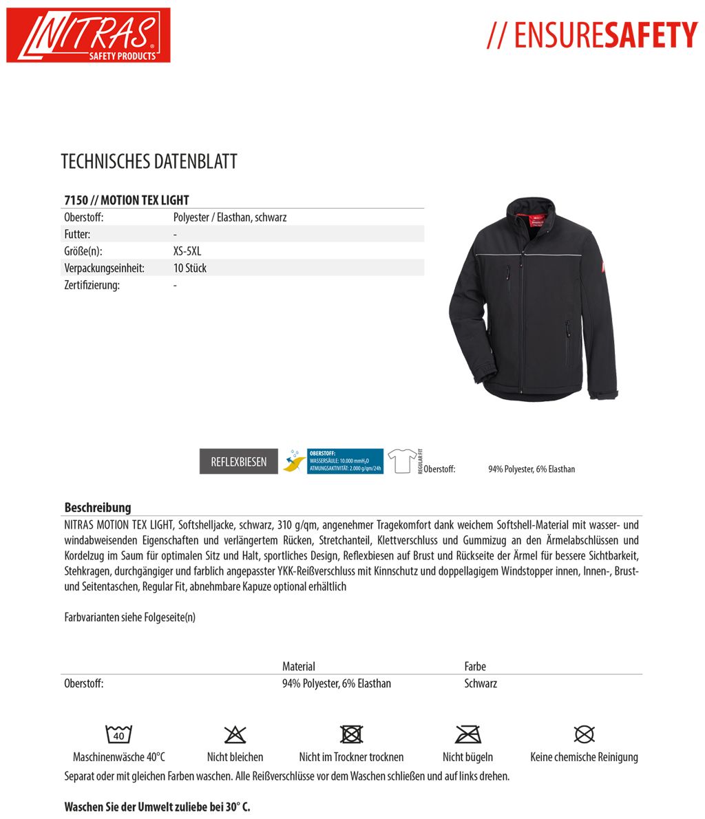 Nitras Motion Tex Light Softshell-Arbeitsjacke für Herren