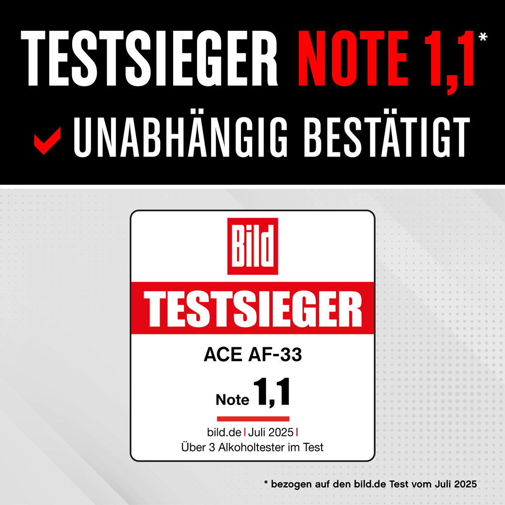 ACE AF-33 Alkotester mit 95,8% Richtigkeit laut TU Wien (2026) + 25 Mundstücke & Kalibriergutschein
