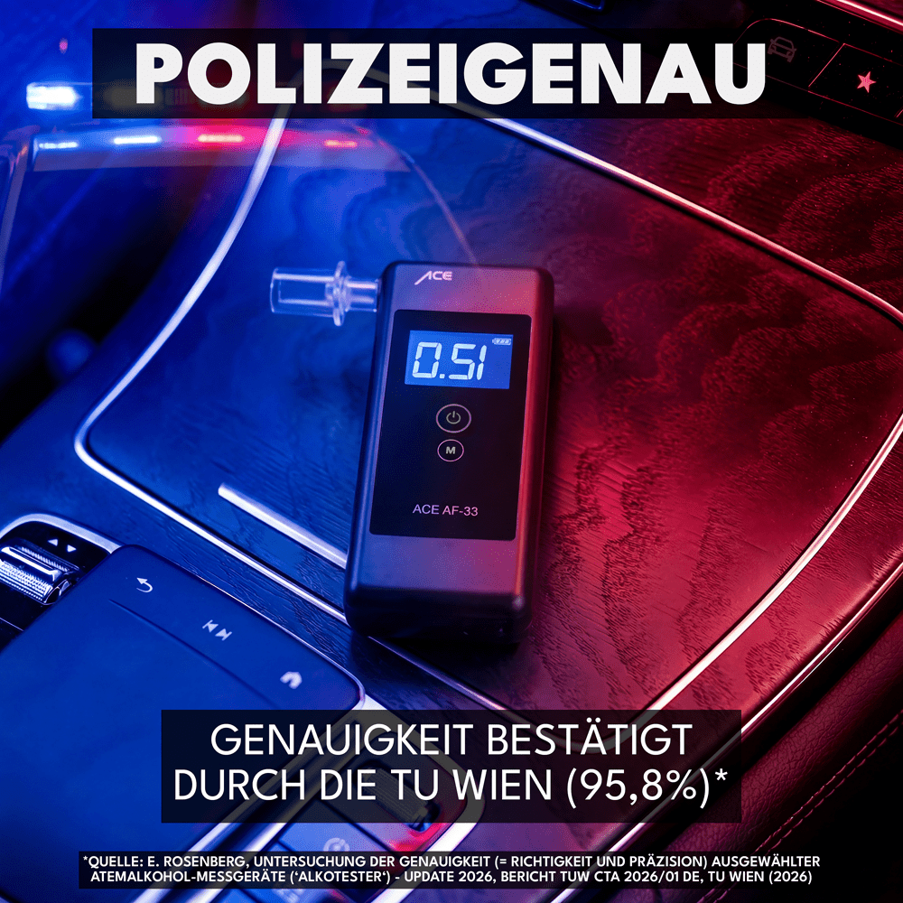 ACE AF-33 Alkotester mit 95,8% Richtigkeit laut TU Wien (2026) + 25 Mundstücke & Kalibriergutschein