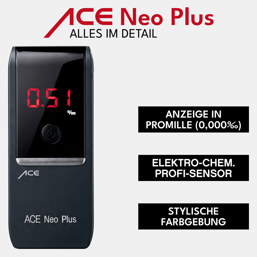 ACE Neo Alkoholtester + 25 Mundstücke & Kalibrier-Gutschein