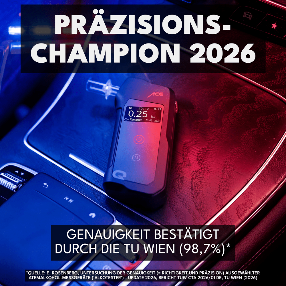 ACE Q Alkoholtester mit 98,7% Richtigkeit laut TU Wien (2026) + 25 Mundstücke & Kalibrier-Gutschein