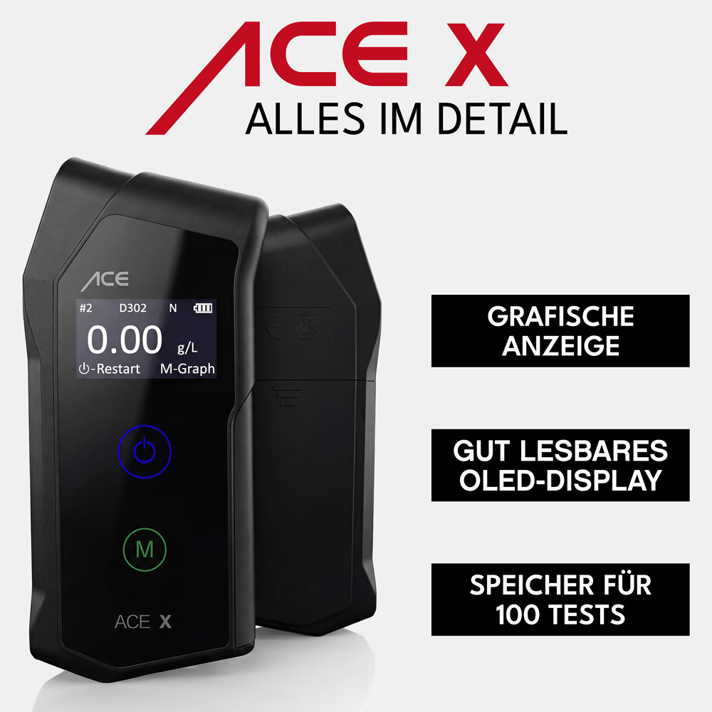 ACE X Alkoholtester mit 99,1% Richtigkeit laut TU Wien (2026) + 25 Mundstücke & Kalibrier-Gutschein