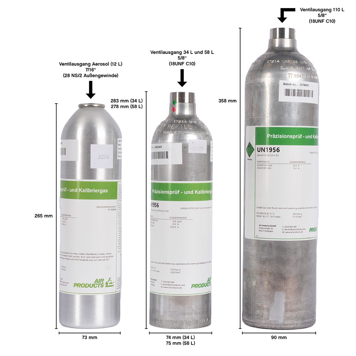 Air Products Prüf- und Kalibriergasflaschen - 4-Gas-Gemische - Aerosol (12 L), 34 L, 58 L oder 110 L Druckdosen mit langer Haltbarkeit (Bild 3)